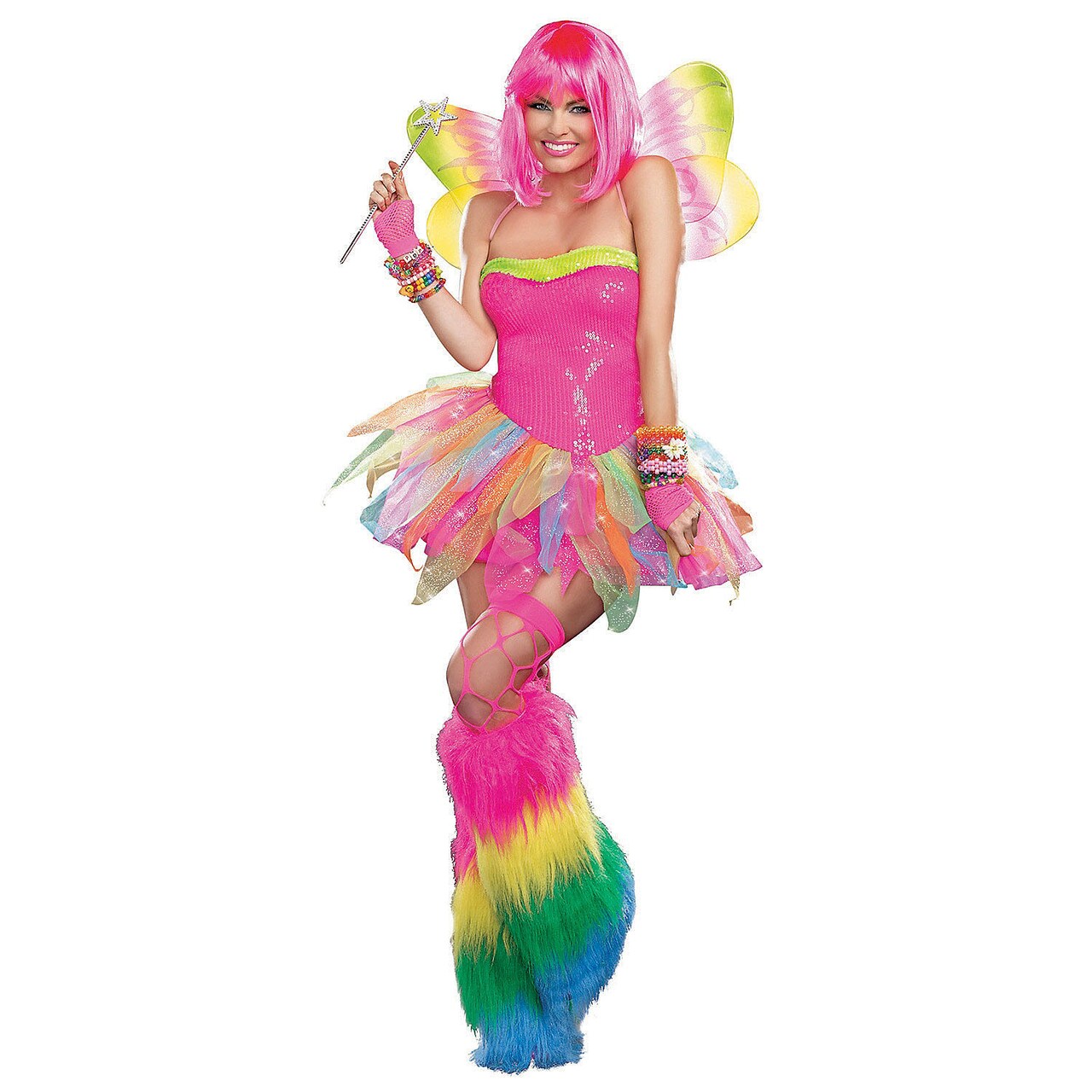 Rainbow Psychedelic Fairy Costume Dress with Sparkly Tutu and Wings Adult Large